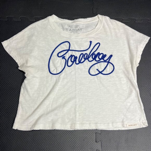 Ariat Tops - Ariat Womens Boxy Crop Cowboy T-Shirt XS White/Blue Cotton Casual Top